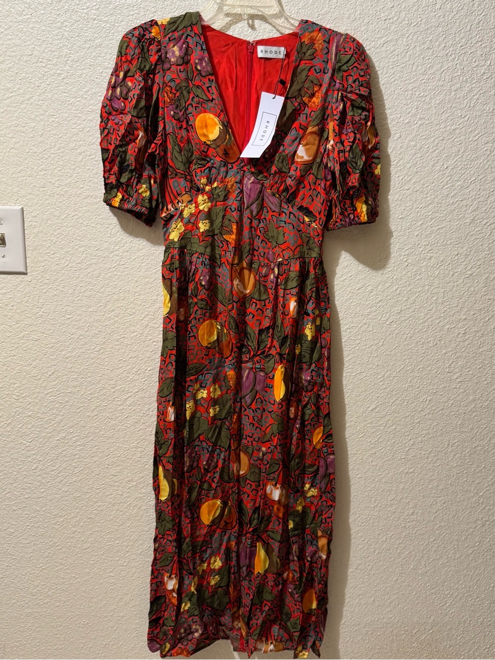 RHODE Size 4 Red Multicolor Floral & Fruit V-Neck Dress NWT
